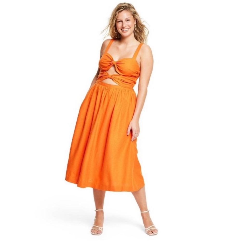 Vibrant Orange Linen Blend Cutout Midi Dress - Picture 2 of 16